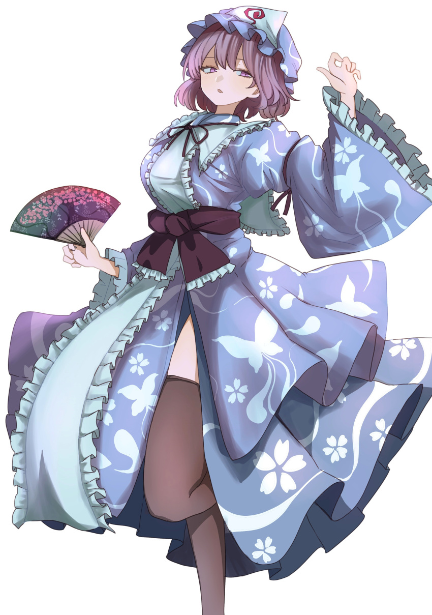 1girl absurdres animal_print black_thighhighs blue_hat blue_kimono butterfly_print frilled_kimono frilled_sleeves frills hand_fan hat highres holding holding_fan japanese_clothes kimono mesuosushi mob_cap pink_eyes pink_hair print_folding_fan print_kimono saigyouji_yuyuko short_hair simple_background solo standing standing_on_one_leg thighhighs touhou triangular_headpiece white_background wide_sleeves