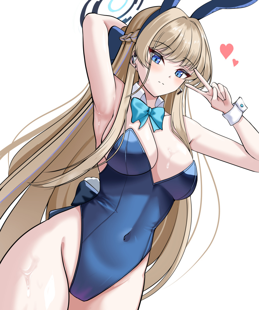 1girl absurdres animal_ears arm_up armpits bare_shoulders blonde_hair blue_archive blue_bow blue_eyes blue_hairband blue_halo blue_leotard bow bowtie braid breasts closed_mouth covered_navel detached_collar earpiece fake_animal_ears hairband halo heart highleg highleg_leotard highres leotard long_hair medium_breasts microphone official_alternate_costume official_alternate_hairstyle playboy_bunny rabbit_ears sekkno solo sweat thighs toki_(blue_archive) toki_(bunny)_(blue_archive) v very_long_hair wrist_cuffs