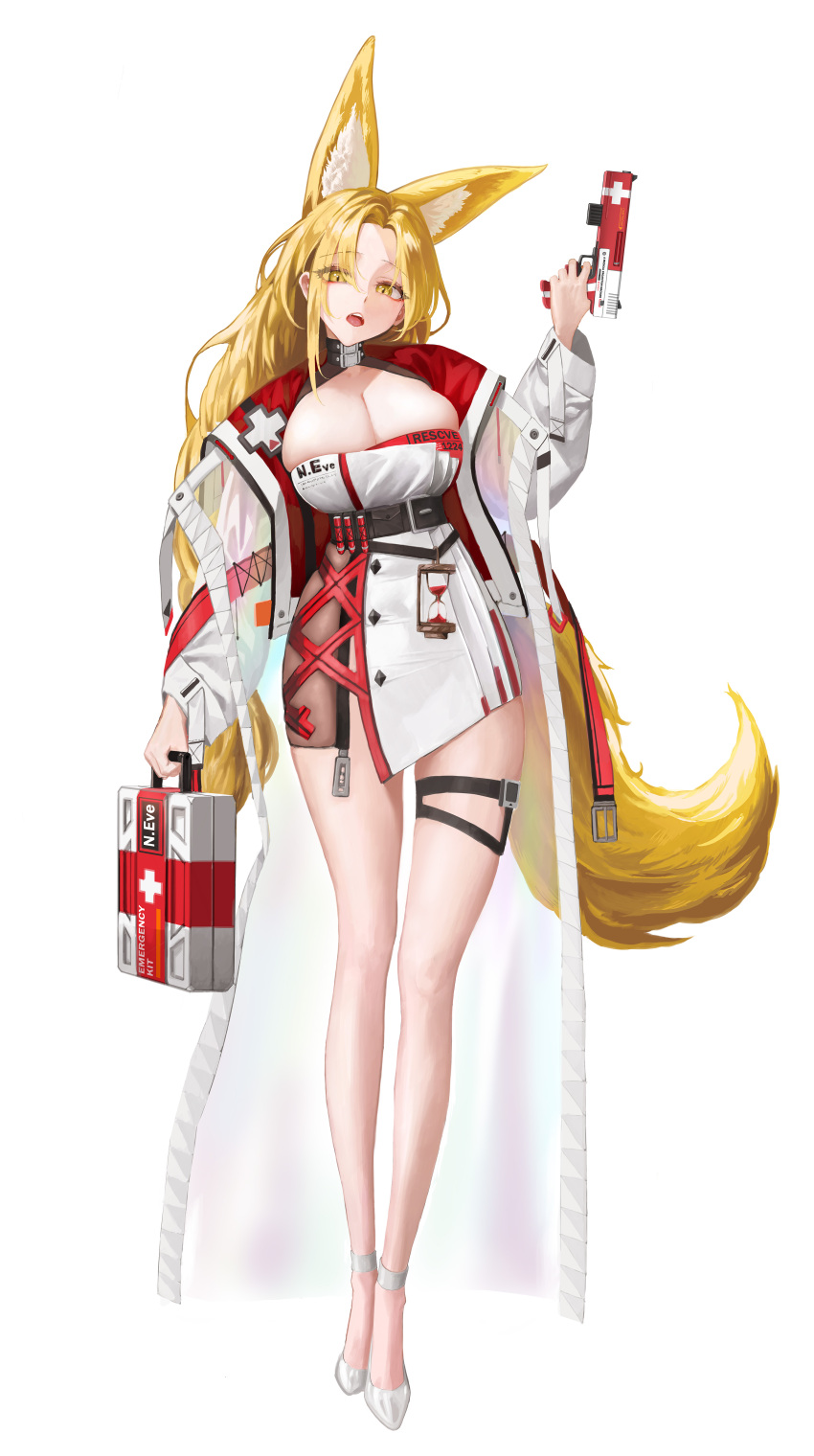 absurdres animal_ears belt belt_buckle black_belt blonde_hair breasts buckle bullet cleavage coat dress egoswans eyelashes fang first_aid_kit fox_ears fox_girl fox_tail full_body gun high_heels highres holding holding_gun holding_weapon hourglass large_breasts long_coat long_hair long_sleeves looking_at_viewer monster_girl open_mouth original parted_bangs see-through simple_background tail teeth thigh_strap tongue upper_teeth_only weapon white_background white_coat yellow_eyes yellow_tail zipper