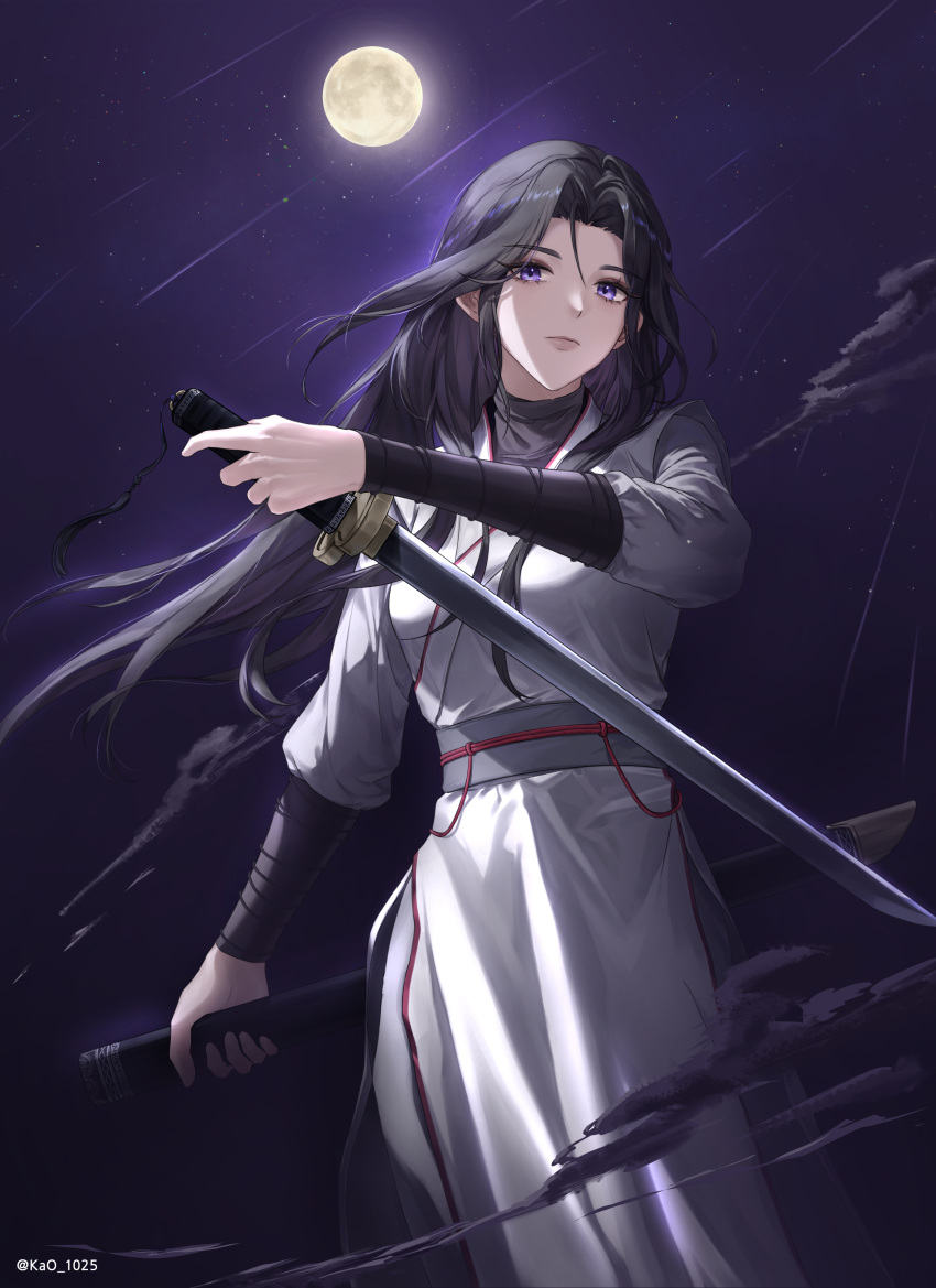 1girl absurdres black_hair closed_mouth expressionless full_moon highres holding holding_sheath holding_sword holding_weapon kao_1025 lips long_hair moon night pose purple_eyes return_of_the_mount_hua_sect reverse_grip sash scabbard sheath shooting_star solo star_(symbol) sword upper_body weapon white_uniform yu_iseol_(return_of_the_mount_hua_sect)