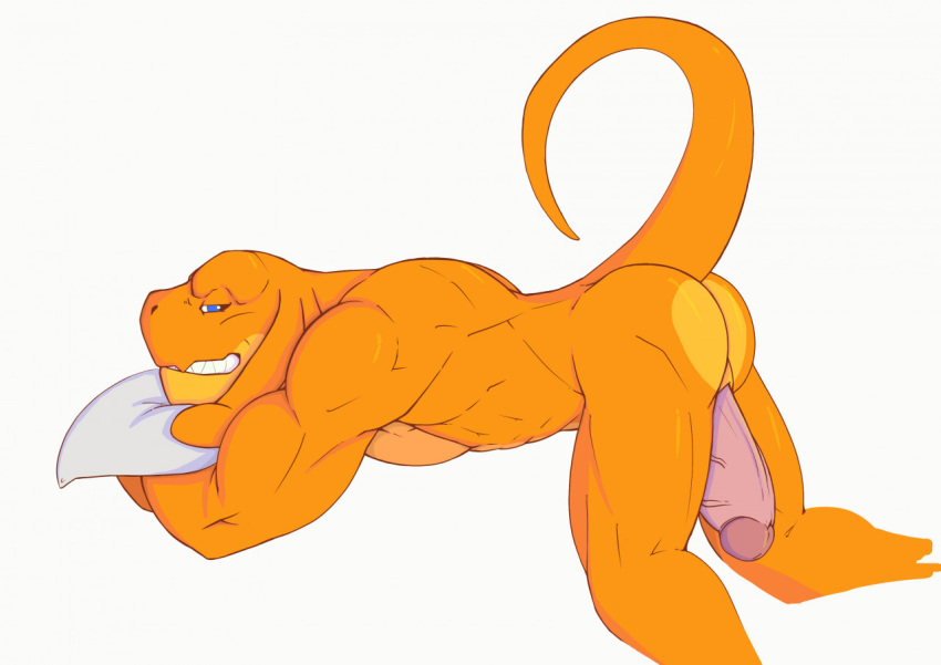 anthro back_muscles bangaa biceps big_penis blue_eyes bubble_butt butt clenched_teeth erection final_fantasy genitals hugging_pillow locke_(spoongod) looking_at_viewer male muscular muscular_male muscular_thighs orange_body pecs penis presenting presenting_hindquarters side_view simple_background solo spoongod square_enix teeth video_games white_background