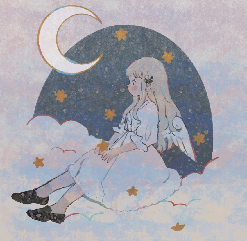 1girl absurdres angel_wings bangs black_footwear blush brown_hair crescent_moon dress feathered_wings highres long_hair moon original profile shoes short_sleeves sion_0d1m solo white_dress white_wings wings