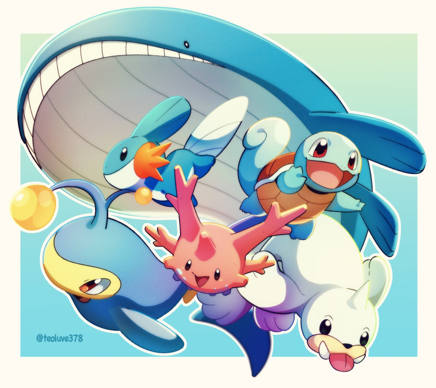 :d blue_background border brown_eyes closed_mouth commentary_request corsola highres jacknaiff lanturn mudkip no_humans open_mouth outline pokemon pokemon_(creature) seel smile squirtle tongue twitter_username wailord white_border