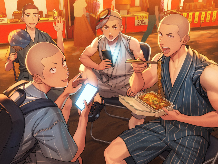 4boys backpack bag brown_eyes brown_hair chair chopsticks crocs eating festival folding_chair food_stand hand_fan hand_phone holding holding_chopsticks holding_fan holding_phone holding_tray jinbei_(clothes) knee_up looking_at_viewer male_focus mask mask_on_head multiple_boys muscular muscular_male night original pectoral_cleavage pectorals phone shaved_head short_hair smile summer_festival tan tanlines tettabuzz thick_eyebrows tray very_short_hair waving yakisoba