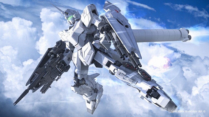 3d anaheim_electronics beam_rifle blue_sky character_name cloud energy_gun english_commentary english_text flying gundam gundam_unicorn machinery mecha michaellee4 mobile_suit no_humans realistic robot rocket roundel science_fiction shield sky thrusters unicorn_gundam weapon