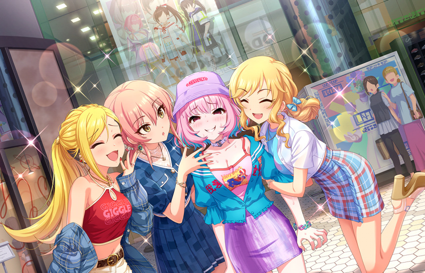 6+girls arm_hug breasts cleavage extra faceless faceless_female fujimoto_rina idolmaster idolmaster_cinderella_girls idolmaster_cinderella_girls_starlight_stage jewelry jougasaki_mika large_breasts lens_flare looking_at_another multicolored_hair multiple_girls nail navel nervous_smile official_art ohtsuki_yui outdoors ring sexy_gals_(idolmaster) smile sparkle sunazuka_akira sweatdrop tsujino_akari two-tone_hair yumemi_riamu