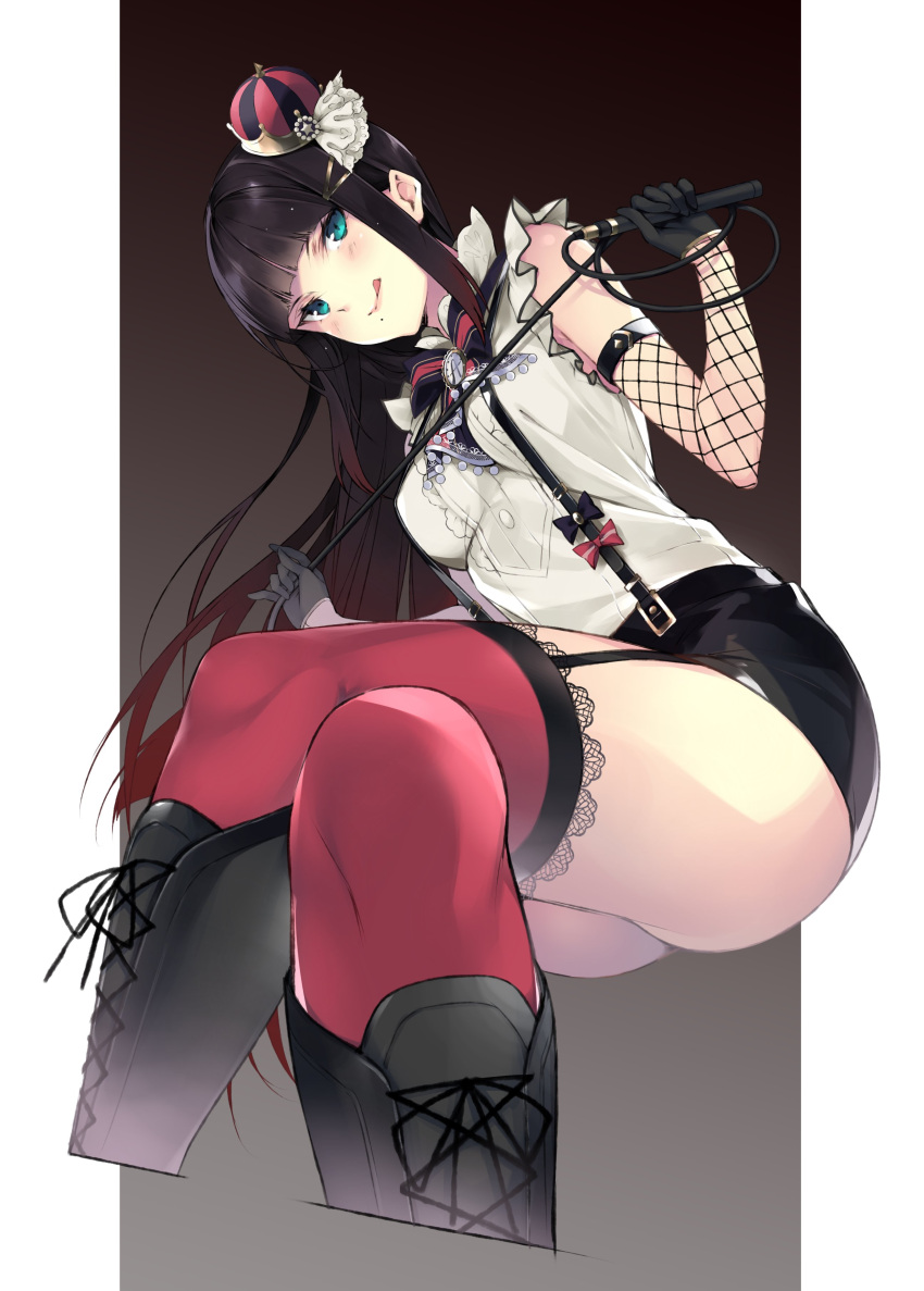 1girl :q absurdres black_background black_footwear black_gloves boots crossed_legs crown fishnets garter_straps gloves gradient gradient_background hario_4 highres holding holding_whip knee_boots kurosawa_dia lace-trimmed_thighhighs lace_trim legs love_live! love_live!_sunshine!! mole mole_under_mouth red_thighhighs solo thighhighs tongue tongue_out whip