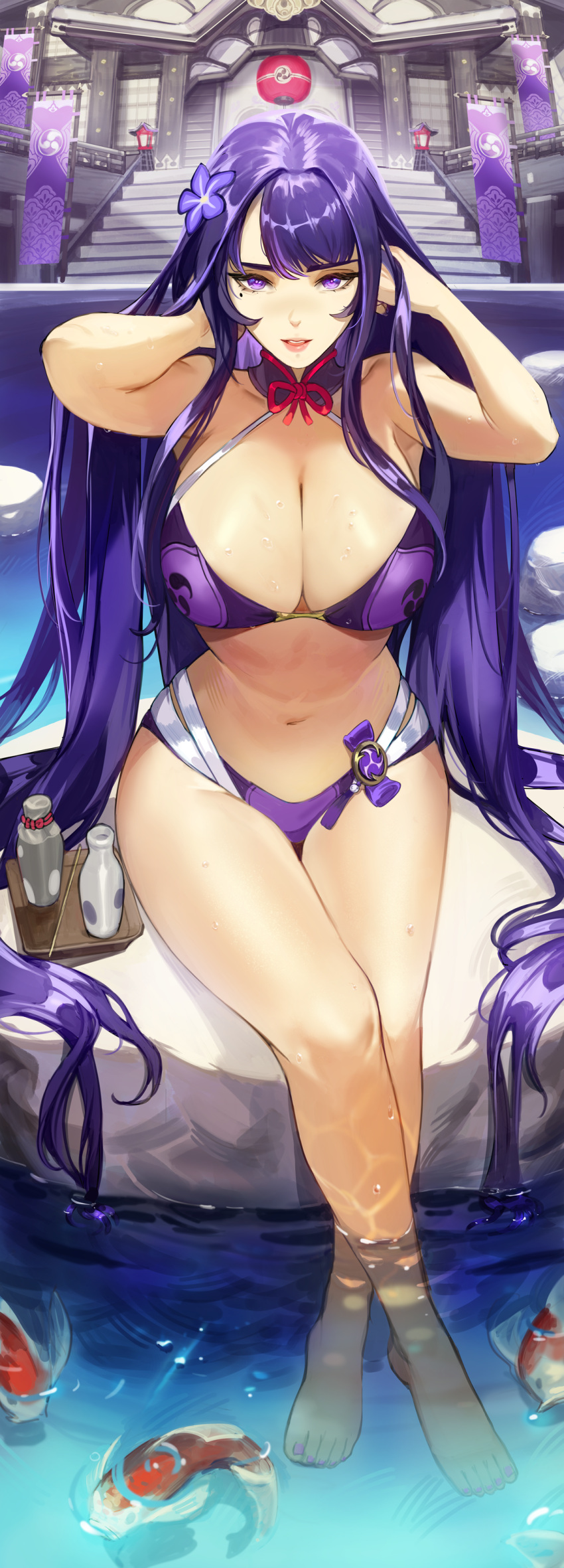 1girl absurdres bangs bikini breasts clea crossed_legs feet genshin_impact highres ja_mong koi large_breasts lips long_hair looking_at_viewer mole mole_under_eye nail_polish navel purple_bikini purple_eyes purple_hair raiden_shogun sitting solo swimsuit temple thick_thighs thighs toenail_polish toenails very_long_hair wet