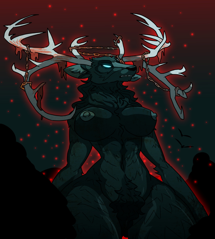 anthro antlers areola avian big_breasts big_pubes bird black_nose black_pubes black_pussy blue_eyes breasts cervid chain clitoris eikthyr_(valheim) elbow_tuft female fur genitals glowing glowing_eyes grey_antlers grey_areola grey_body grey_fur grey_nipples hi_res horn inner_ear_fluff mammal navel neck_tuft nipples nude pubes pussy shadow solo teeth thick_thighs thighlordash tuft valheim wide_hips