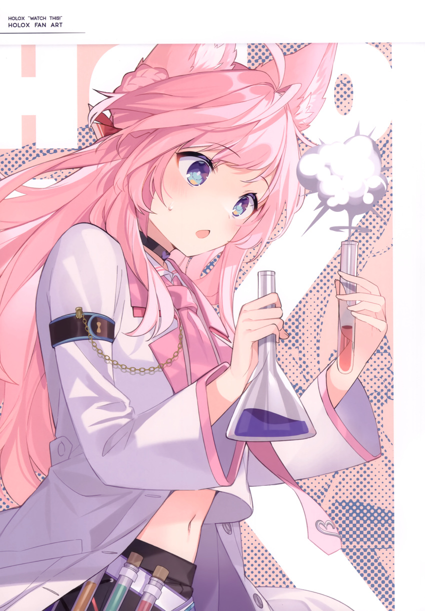 1girl absurdres animal_ear_fluff animal_ears bangs black_choker blue_eyes blush choker crop_top flask hair_bun hakui_koyori highres holding holding_flask holding_test_tube hololive labcoat long_hair long_sleeves looking_away midriff mishima_kurone navel necktie open_mouth pink_hair pink_necktie scan smoke solo test_tube very_long_hair virtual_youtuber