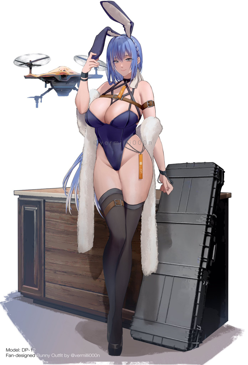 1girl alternate_costume animal_ears arm_belt bangs bare_shoulders black_footwear black_thighhighs blue_hair blue_leotard bracelet braid breasts character_name chest_belt cleavage closed_mouth collarbone covered_navel dp-12_(girls'_frontline) english_commentary english_text fake_animal_ears feather_boa full_body girls'_frontline grey_eyes hand_on_ear harness high_heels highres jewelry large_breasts leg_belt leotard lips long_hair looking_at_viewer multicolored_hair nail_polish pink_nails playboy_bunny rabbit_ears simple_background smile solo standing streaked_hair thighhighs thighs twitter_username vermilli000n weapon_case