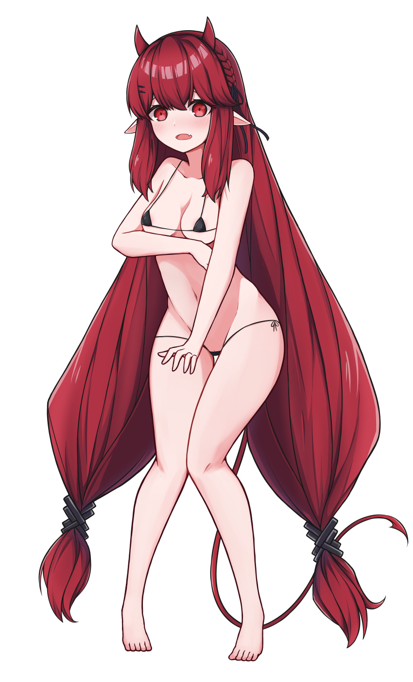 1girl absurdres arknights bangs bare_arms bare_legs bare_shoulders barefoot bikini black_bikini blush braid breasts collarbone demon_girl demon_horns demon_tail eyebrows_hidden_by_hair fang full_body groin hair_between_eyes highres horns knees_together_feet_apart long_hair looking_at_viewer low_twintails mana_(mana20140214) medium_breasts micro_bikini navel open_mouth pigeon-toed red_eyes red_hair shadow side-tie_bikini_bottom simple_background solo standing swimsuit tail thigh_gap twintails very_long_hair vigna_(arknights) white_background