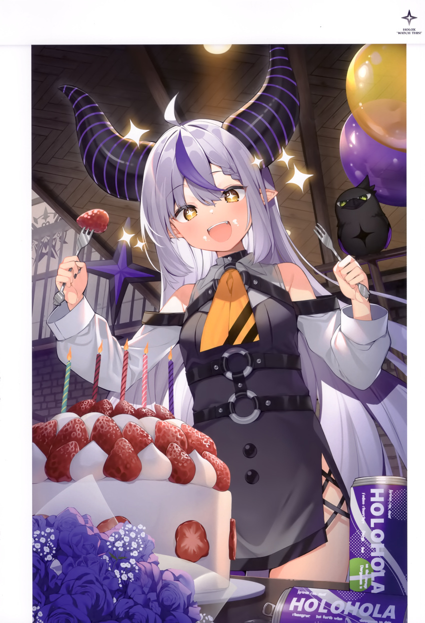 +_+ :d absurdres ahoge balloon bangs birthday_cake black_dress blush braid braided_bangs cake can crow_(la+_darknesss) demon_horns dress food food_on_face fork fruit grey_hair hair_between_eyes highres holding holding_fork hololive horns indoors la+_darknesss long_hair long_sleeves mishima_kurone multicolored_hair pointy_ears purple_hair scan smile sparkle standing strawberry streaked_hair striped_horns very_long_hair virtual_youtuber yellow_eyes