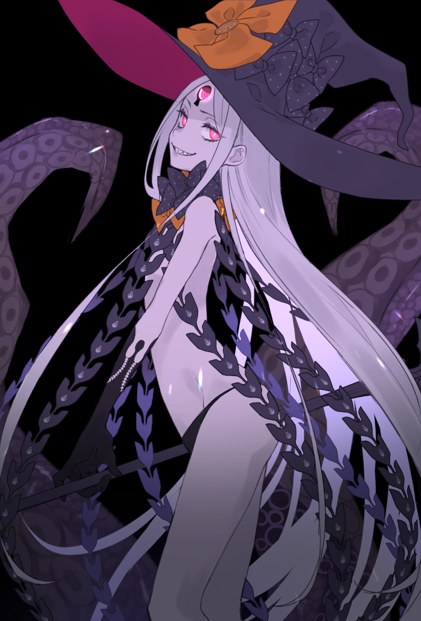 1girl abigail_williams_(fate) abigail_williams_(third_ascension)_(fate) absurdres ass bangs bare_shoulders black_bow black_headwear black_panties bow breasts colored_skin fate/grand_order fate_(series) grin hat hat_bow highres holding key keyhole long_hair looking_at_viewer multiple_bows multiple_hat_bows official_alternate_costume official_alternate_hair_color orange_bow pale_skin panties parted_bangs pink_eyes polka_dot polka_dot_bow purple_hair purple_skirt revealing_clothes sharp_teeth skirt skull_print small_breasts smile solo suction_cups teeth tentacles tofu_(bean359) underwear very_long_hair white_hair white_skin witch_hat