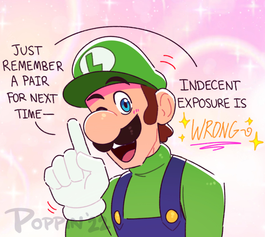 blue_eyes clothing dialogue facial_hair gloves handwear hat headgear headwear human looking_at_viewer luigi male mammal mario_bros mustache nintendo not_furry one_eye_closed open_mouth open_smile overalls poppin public_service_announcement smile video_games wink