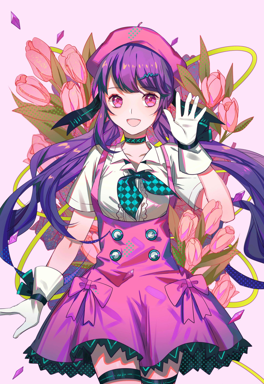 1girl absurdres bangs bow checkered_neckerchief cowboy_shot flower gloves highres jamjar77 looking_at_viewer neckerchief open_mouth pink_bow pink_eyes pink_skirt purple_hair skirt smile solo suspender_skirt suspenders swept_bangs thigh_strap vocaloid waving white_gloves xin_hua