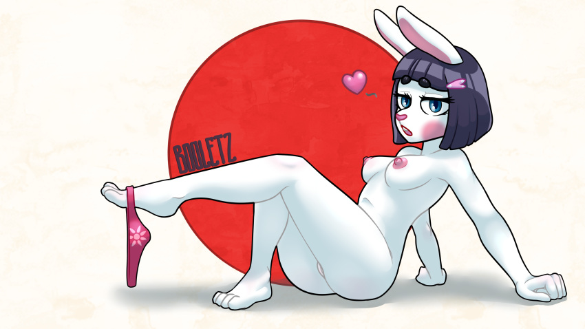 &lt;3 16:9 4k absurd_res anthro areola biped blue_eyes booletz breasts butt cel_shading clothing dark_hair erect_nipples eyebrow_through_hair eyebrows eyelashes eyelashes_through_hair female fur genitals hair hi_res japanese_flag lagomorph leporid long_ears mammal nipples nude open_mouth pussy rabbit raised_eyebrows shaded simple_background solo text translucent translucent_hair underwear usagichi_(vkontakte) username vkontakte white_body white_fur widescreen