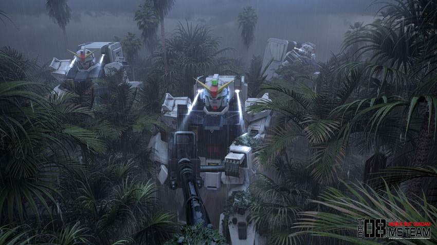 3d absurdres aiming ammunition_box backpack bag cannon dirty english_commentary english_text ground_gundam gundam gundam_08th_ms_team highres machinery mecha michaellee4 military mobile_suit no_humans palm_tree rain rainforest realistic robot science_fiction searchlight tree