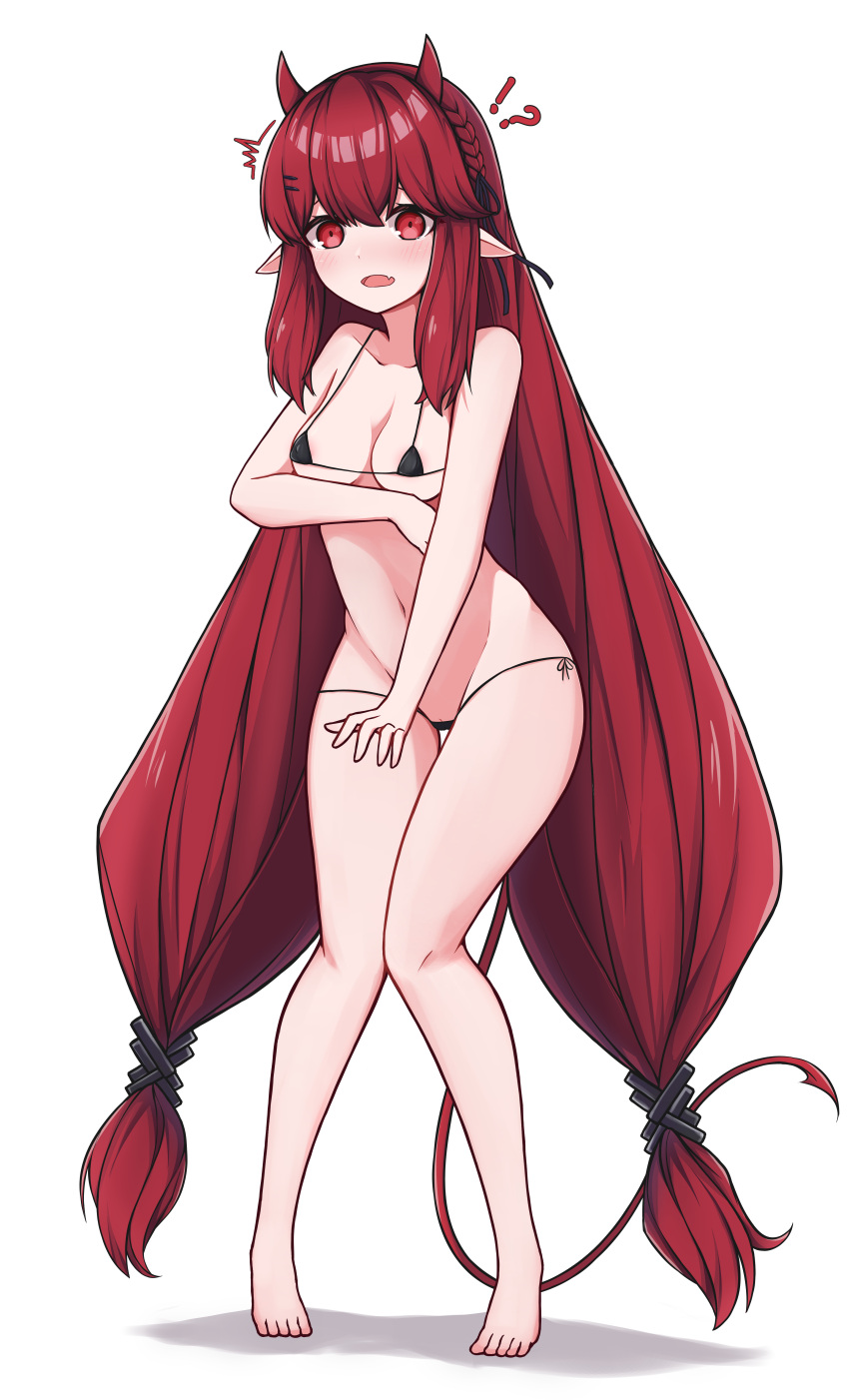 !? 1girl ^^^ absurdres arknights bangs bare_arms bare_legs bare_shoulders barefoot bikini black_bikini blush braid breasts collarbone commentary_request demon_girl demon_horns demon_tail eyebrows_hidden_by_hair fang full_body groin hair_between_eyes highres horns knees_together_feet_apart long_hair looking_at_viewer low_twintails mana_(mana20140214) medium_breasts micro_bikini navel open_mouth pigeon-toed red_eyes red_hair shadow side-tie_bikini_bottom simple_background solo standing swimsuit tail thigh_gap twintails very_long_hair vigna_(arknights) white_background