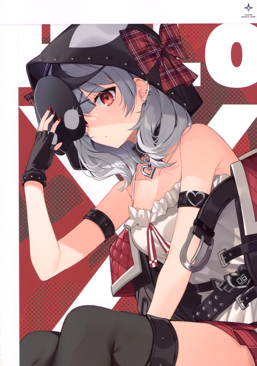 absurdres arm_strap bangs bar black_collar black_gloves black_thighhighs bow collar ear_piercing fingerless_gloves gloves grey_hair highres hololive hood hood_up mask mask_removed medium_hair mishima_kurone nail_polish piercing plaid plaid_bow red_bow red_eyes red_nails sakamata_chloe scan shirt thighhighs virtual_youtuber white_shirt