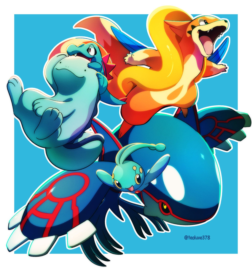 black_sclera blue_background border closed_mouth colored_sclera commentary_request fang floatzel highres jacknaiff kyogre manaphy no_humans outline pokemon pokemon_(creature) quagsire smile totodile twitter_username white_border yellow_eyes