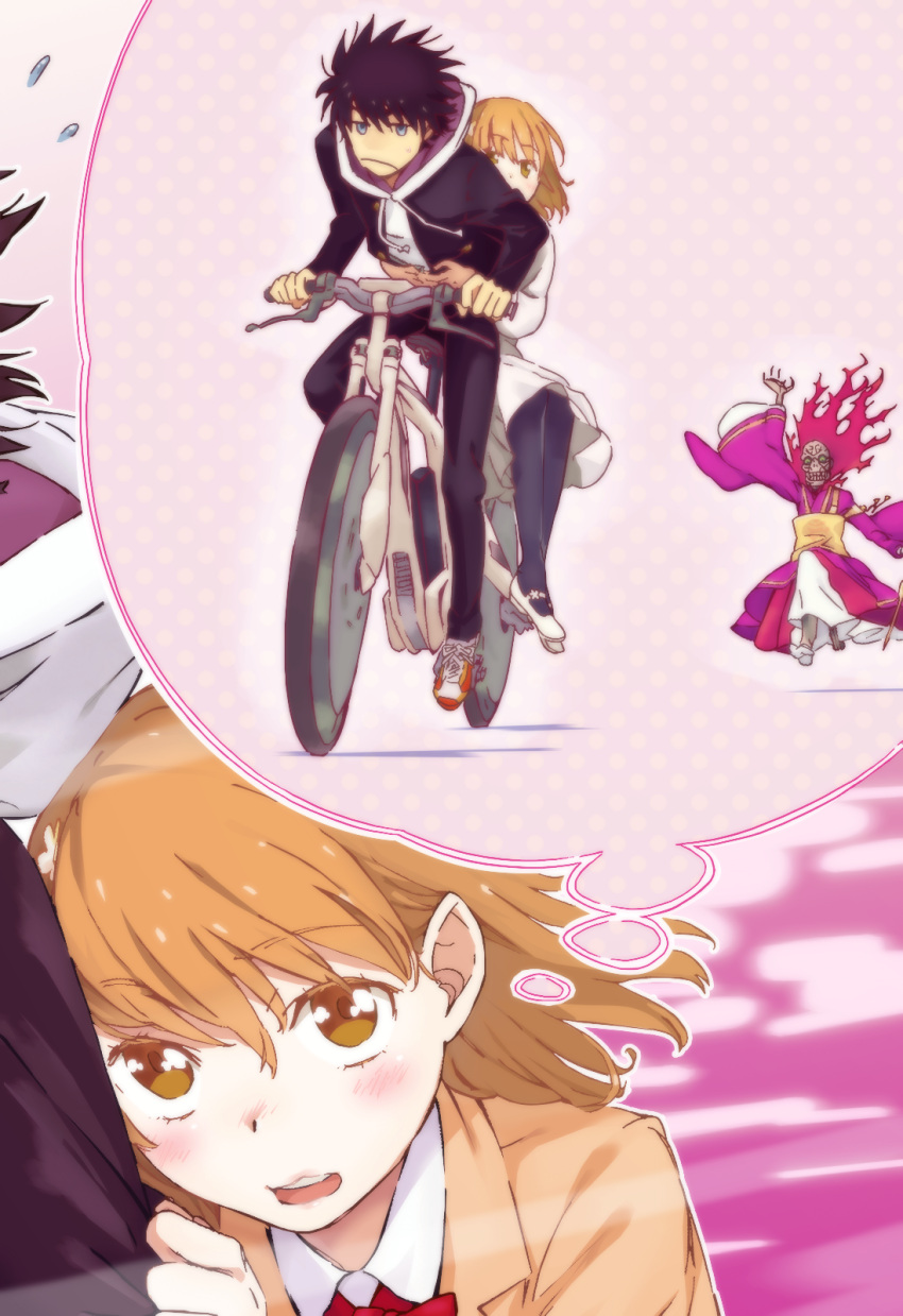 1girl 2boys arm_up bald bicycle black_hair black_jacket black_pants black_thighhighs blue_eyes blush bow bowtie brown_eyes brown_hair brown_jacket chasing closed_mouth colorized commentary flying_sweatdrops gazing_eye green_eyes ground_vehicle haimura_kiyotaka hair_between_eyes high_priest_(toaru_majutsu_no_index) highres hood hoodie hug hug_from_behind imagining jacket kamijou_touma light_blush long_sleeves medium_hair misaka_mikoto multiple_boys mummy nose_blush novel_illustration official_art open_mouth pants red_bow red_bowtie riding riding_bicycle running school_uniform short_hair sitting spiked_hair sweatdrop teeth thighhighs toaru_majutsu_no_index toaru_majutsu_no_index:_new_testament tokiwadai_school_uniform upper_teeth v-shaped_eyebrows white_footwear white_hood white_hoodie wide_sleeves