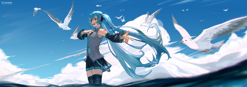 1girl absurdres aqua_eyes aqua_hair aqua_necktie bare_shoulders bird black_skirt black_sleeves black_thighhighs breasts detached_sleeves grey_shirt hair_ornament hand_on_own_chest hatsune_miku headset highres long_hair lufi_ays miniskirt music necktie ocean open_mouth outstretched_arm pleated_skirt seagull shirt singing skirt sleeveless sleeveless_shirt small_breasts solo thighhighs twintails very_long_hair vocaloid wading wide_sleeves
