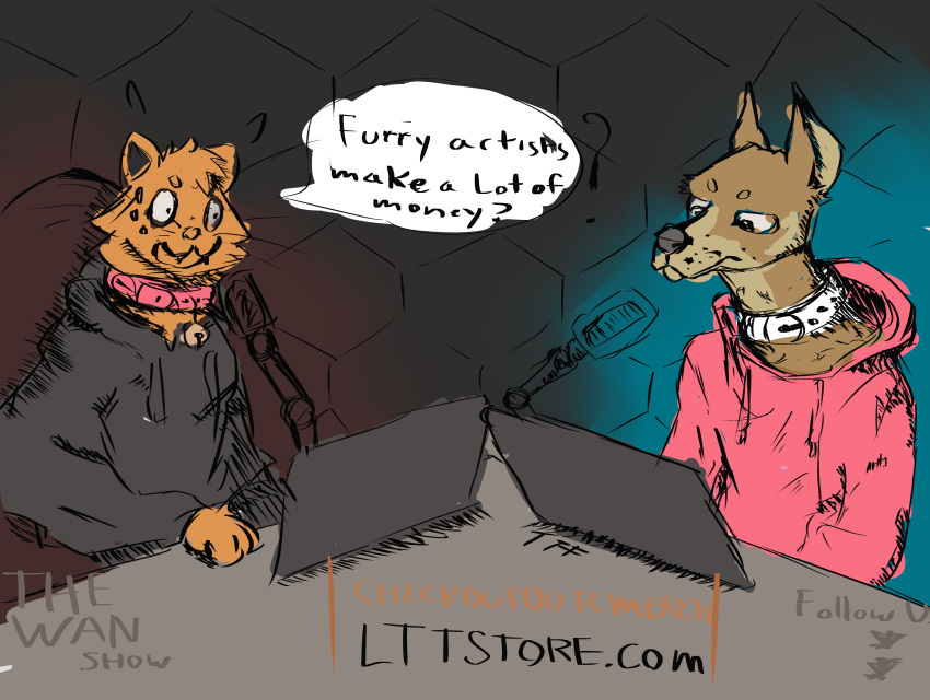 absurd_res anthro canid canine canis cohost domestic_cat domestic_dog duo felid feline felis hi_res linus_tech_tips male male/male mammal podcast toxicfcknferret