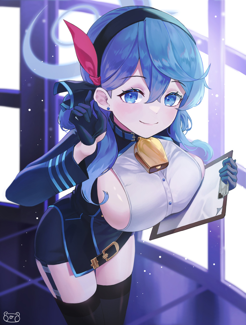1girl absurdres ako_(blue_archive) arms_behind_head arms_up bangs bell belt black_gloves black_pantyhose black_skirt black_thighhighs blue_archive blue_coat blue_eyes blue_hair blue_hairband blush breast_press breasts buttons clipboard closed_mouth coat cowbell cowboy_shot earrings from_above garter_straps gloves hair_between_eyes hairband half_gloves halo highres jewelry large_breasts leaning_forward long_hair looking_at_viewer neck_bell pantyhose prock sideboob skirt smile thigh_gap thighhighs zettai_ryouiki