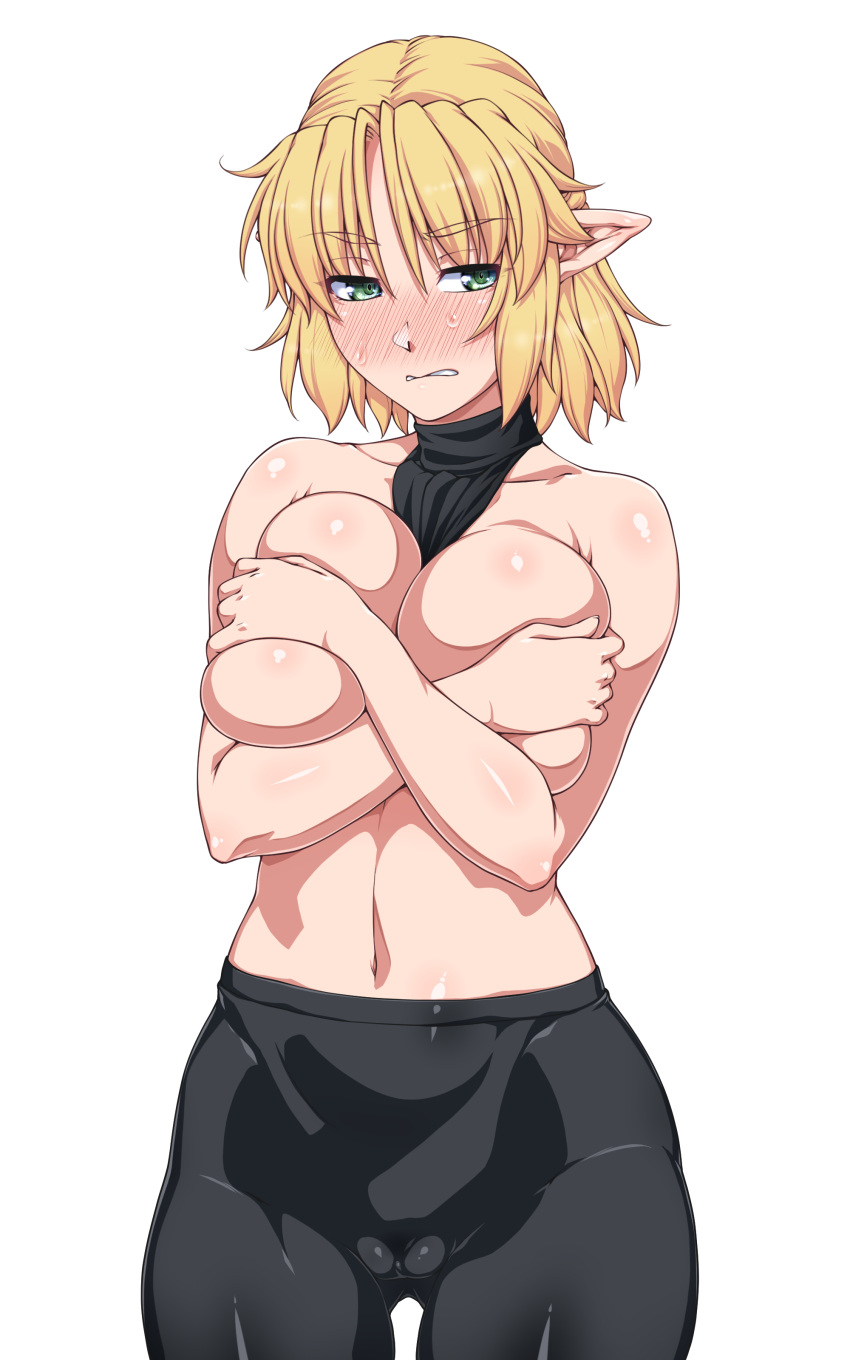 1girl absurdres bangs between_breasts bike_shorts black_shorts black_sports_bra blonde_hair blush breasts cameltoe clenched_teeth clothes_between_breasts commentary_request covering_nipples cowboy_shot embarrassed green_eyes half_updo highres large_breasts looking_at_viewer mizuhashi_parsee navel nose_blush ootsuki_wataru pointy_ears shiny shiny_skin short_hair shorts simple_background solo sports_bra teeth touhou white_background