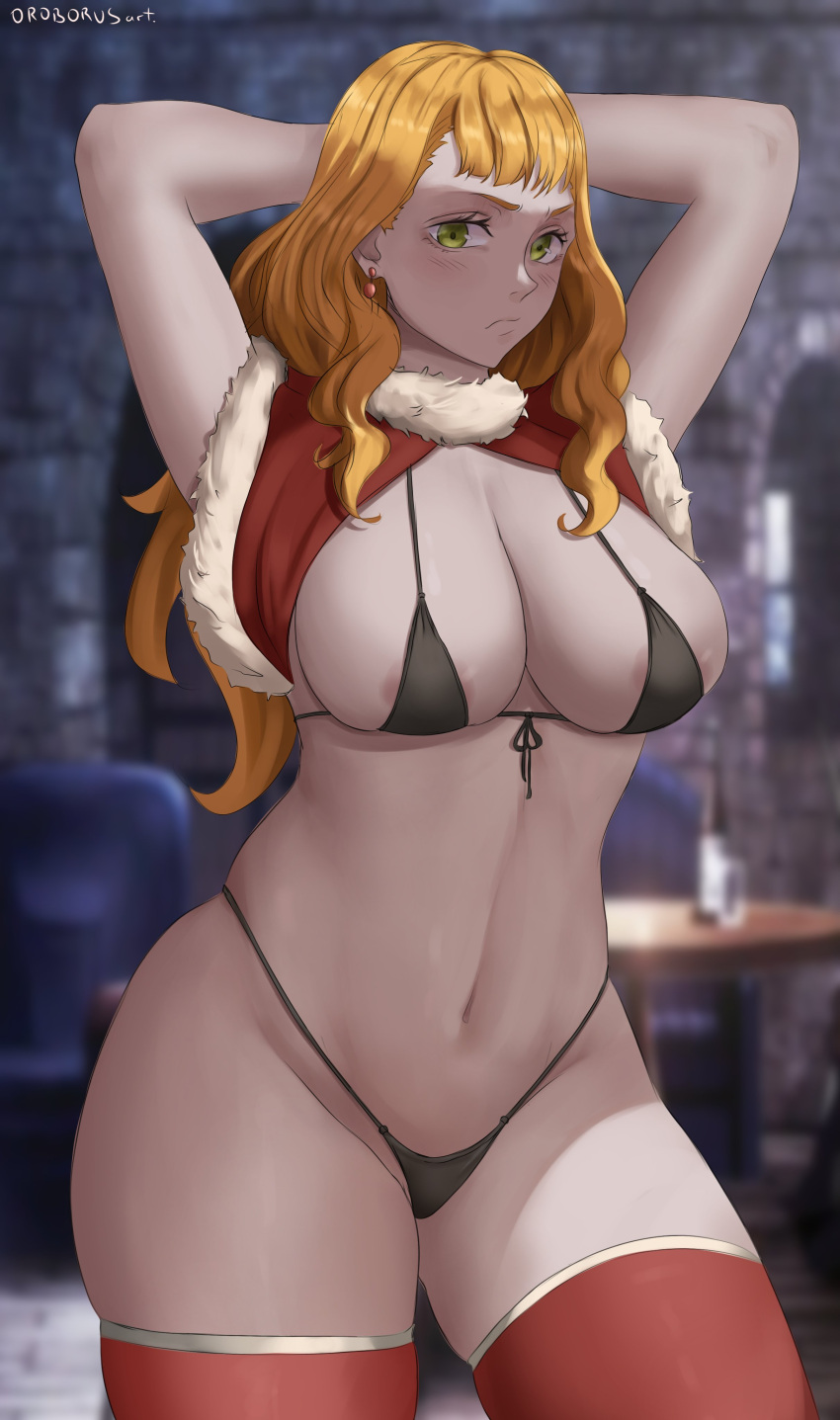 1girl absurdres areola_slip arms_behind_head bikini black_bikini black_clover blush bottle capelet closed_mouth cowboy_shot earrings fur-trimmed_capelet fur_trim green_eyes highres jewelry micro_bikini mimosa_vermilion navel orange_hair oroborus red_capelet red_thighhighs solo swimsuit table thighhighs