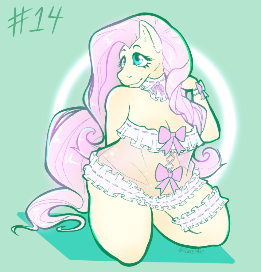 2022 anthro blue_eyes bow_accessory bow_ribbon breasts circle_background cleavage clothed clothing digital_drawing_(artwork) digital_media_(artwork) dress equid equine female fluttershy_(mlp) friendship_is_magic hair hi_res horse junkedart kneeling mammal mane maydendressup my_little_pony neckwear no_underwear pink_hair pink_mane pony portrait smile solo yellow_body