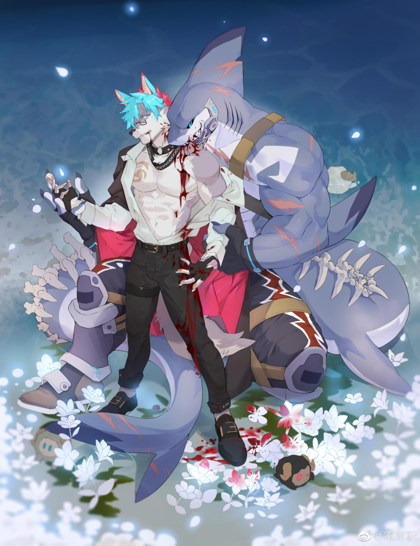 2boys abs absurdres animal_ears bara bare_pectorals biting_shoulder black_gloves black_sclera blood blue_eyes blue_hair colored_sclera commission dorsal_fin fingerless_gloves flower full_body furry furry_male furry_with_furry glasses gloves glowing glowing_eyes hand_on_another's_hand highres large_hands large_pectorals lily_(flower) male_focus multicolored_hair multiple_boys muscular muscular_male no_nipples original pectorals pink_hair qwer77kai scar scar_on_arm scar_on_chest scarred_shark shark_boy short_hair size_difference stomach tail thick_thighs thighs two-tone_hair white_flower wolf_boy wolf_ears wolf_tail yaoi