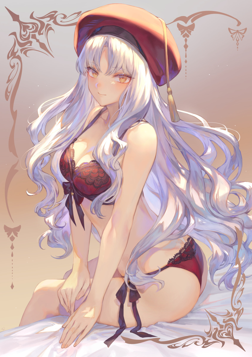 1girl ass bangs bare_shoulders beret bra breasts caren_hortensia caren_hortensia_(amor_caren) cleavage fate/grand_order fate_(series) hat highres long_hair looking_at_viewer mashuu_(neko_no_oyashiro) medium_breasts panties red_bra red_headwear red_panties sitting solo underwear wavy_hair white_hair yellow_eyes