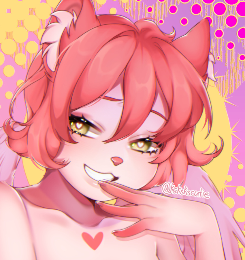 abstract_background anthro bust_portrait eyebrows eyelashes female finger_to_mouth glistening glistening_eyes green_eyes grin hair heart_(marking) inner_ear_fluff looking_at_viewer narrowed_eyes pink_body pink_inner_ear_fluff portrait red_ears red_eyebrows red_hair red_nose smile solo sonyan teeth tuft