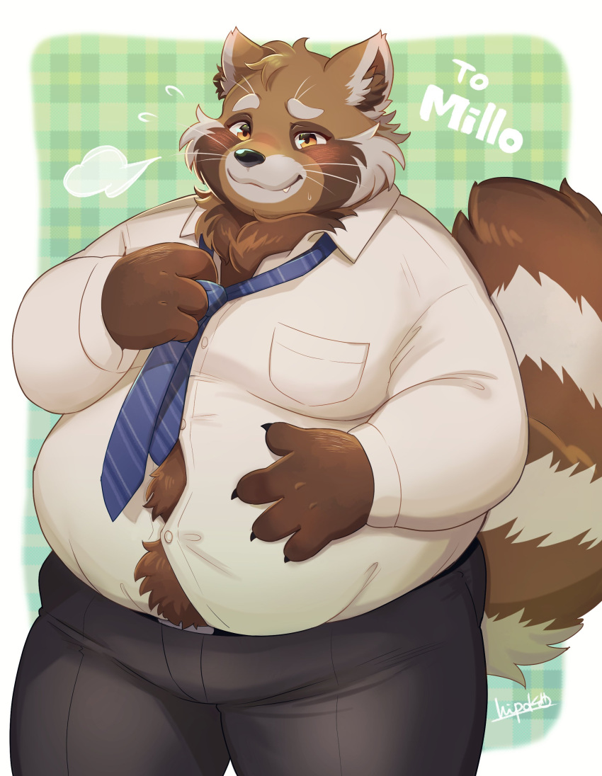 2022 absurd_res anthro belly big_belly blush bottomwear brown_body canid canine clothing hi_res humanoid_hands kemono male mammal necktie overweight overweight_male pants ponpo_ko5 raccoon_dog solo tanuki