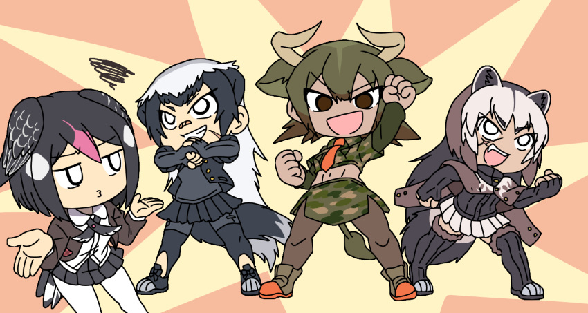 4girls :d animal_ears arm_up aurochs_(kemono_friends) badger_ears badger_tail bird_girl bird_tail bird_wings black_hair boots brown_eyes brown_hair brown_pantyhose camouflage camouflage_shirt camouflage_skirt chibi clenched_hand clenched_hands collared_shirt cow_ears cow_girl cow_horns cow_tail cropped_shirt elbow_gloves extra_ears feet_out_of_frame fingerless_gloves fist_in_hand full_body gloves greater_honeyguide_(kemono_friends) green_hair grey_hair grin hands_up head_wings horns jacket jacket_on_shoulders kemono_friends layered_sleeves leaning_forward long_hair long_sleeves looking_afar looking_at_another looking_at_viewer medium_hair midriff miniskirt multicolored_hair multiple_girls navel necktie open_clothes open_jacket open_shirt outstretched_arm outstretched_hand own_hands_together pantyhose pink_hair pleated_skirt pose print_shirt print_skirt ratel_(kemono_friends) shirt shoes short_over_long_sleeves short_sleeves skirt smile squiggle srd_(srdsrd01) standing stomach tail tan thigh_boots two-tone_hair undershirt v-shaped_eyebrows very_long_hair white_eyes white_hair wing_collar wings wolverine_(kemono_friends) zettai_ryouiki