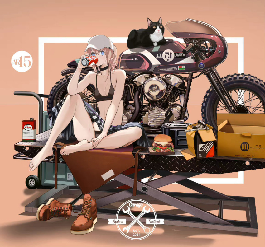 1girl bare_shoulders barefoot baseball_cap bikini black_bikini blue_eyes box breasts burger can cardboard_box cat character_name chinese_commentary choker commentary_request drinking food full_body girls'_frontline ground_vehicle hat lin+ looking_at_viewer motor_vehicle motorcycle navel official_alternate_costume official_art pink_hair ponytail shoes shoes_removed sitting small_breasts soda_can solo st_ar-15_(girls'_frontline) swimsuit tools white_headwear