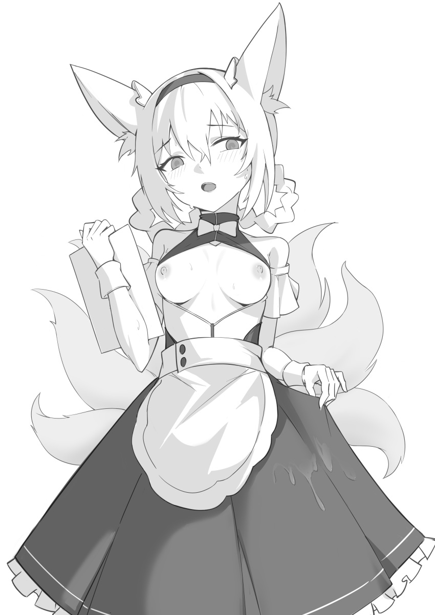 1girl absurdres alternate_costume animal_ears apron arknights braid breasts breasts_out dress enmaided fox_ears fox_girl fox_tail frilled_dress frills greyscale hair_between_eyes hairband highres holding ke'ai_qu_qu kitsune long_hair looking_at_viewer maid maid_apron monochrome multiple_tails nipples open_mouth simple_background small_breasts solo suzuran_(arknights) tail white_background wrist_cuffs