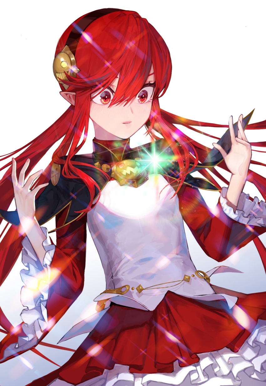 1girl black_hairband character_request dungeon_and_fighter female_mage_(dungeon_and_fighter) hair_between_eyes hairband highres long_hair mumu914 pointy_ears red_eyes red_hair red_skirt simple_background skirt sparkle white_background