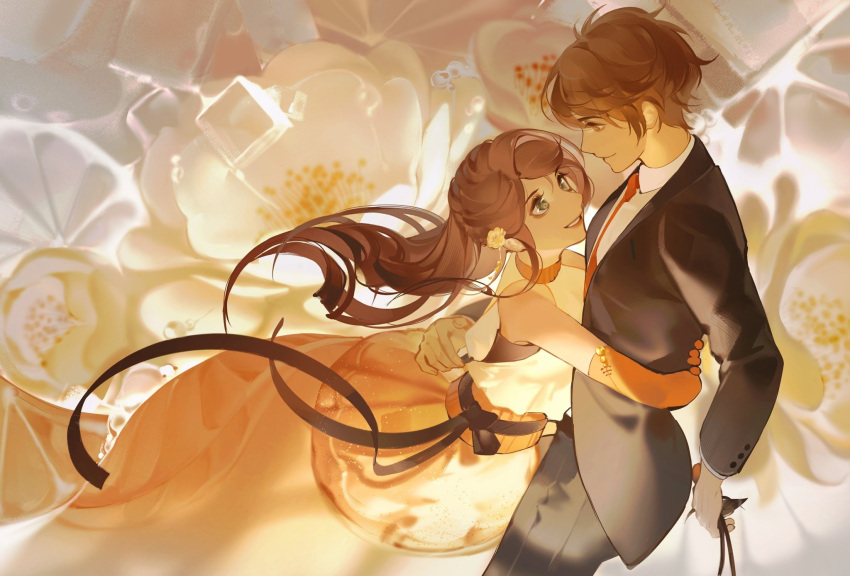 1boy 1girl :d bangs bare_shoulders brown_jacket brown_pants closed_mouth collared_shirt dress flower gloves green_eyes grin hair_flower hair_ornament highres htwbjqdg8actmq6 jacket long_hair looking_at_another luke_pearce_(tears_of_themis) necktie orange_dress orange_flower orange_gloves orange_necktie pants rosa_(tears_of_themis) shirt short_hair sleeveless sleeveless_dress smile tears_of_themis teeth white_flower white_shirt