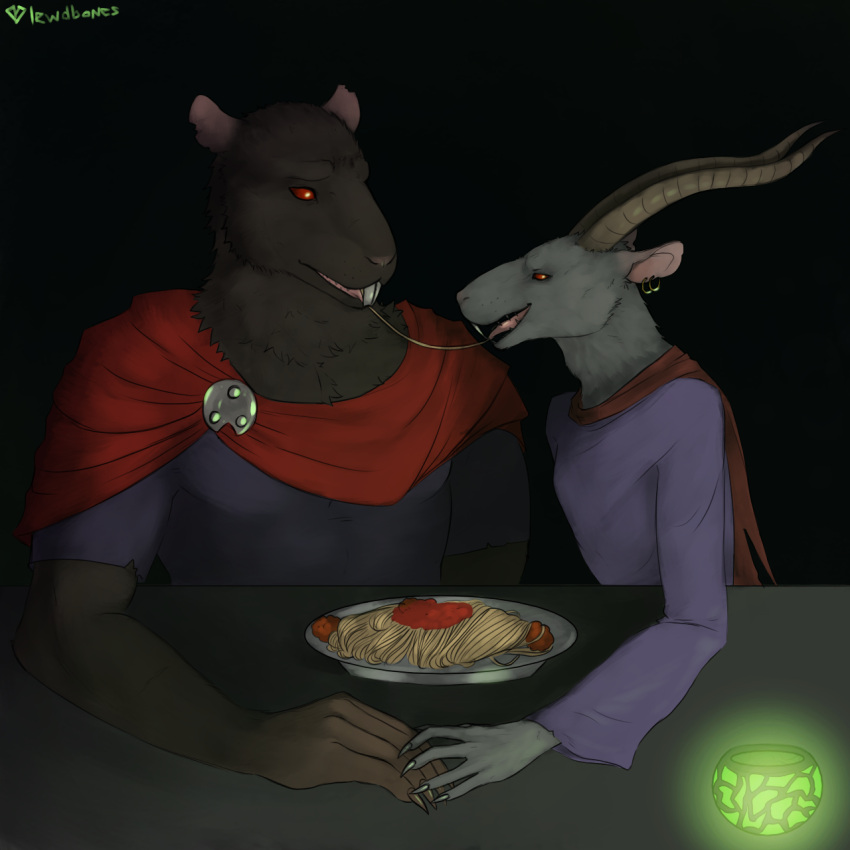 1:1 anthro black_background black_body black_fur cape clothed clothing digital_drawing_(artwork) digital_media_(artwork) duo eye_contact food fully_clothed fur grey_body grey_fur hand_holding hi_res horn lewdbones looking_at_another male mammal murid murine pasta rat rodent simple_background sitting skaven spaghetti spaghetti_scene stormvermin warhammer_(franchise)