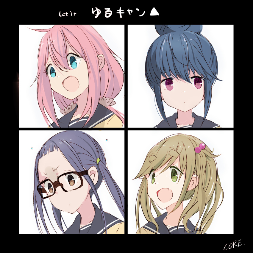 4girls album_cover album_cover_redraw artist_name bangs blonde_hair blue_eyes blue_hair blue_sailor_collar brown-framed_eyewear brown_eyes commentary_request copyright_name core_(mayomayo) cover derivative_work fang glasses green_eyes hair_between_eyes hair_bobbles hair_bun hair_ornament highres inuyama_aoi kagamihara_nadeshiko let_it_be long_hair looking_to_the_side medium_hair multiple_girls oogaki_chiaki open_mouth parody pink_hair purple_eyes purple_hair sailor_collar school_uniform serafuku shima_rin skin_fang the_beatles yurucamp