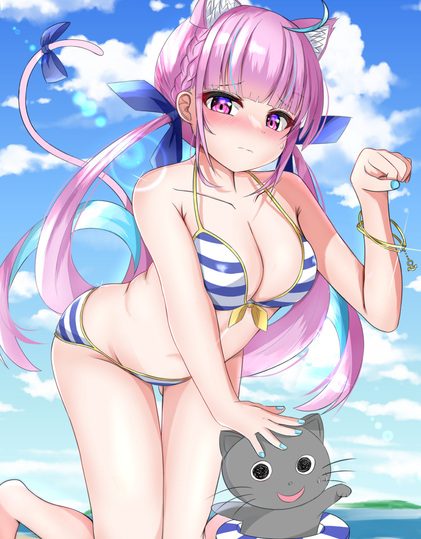 1girl ahoge anchor_bracelet anchor_symbol animal_ears ass_visible_through_thighs bangs bare_arms bare_legs bare_shoulders barefoot bent_over bikini blue_bikini blue_bow blue_hair blue_nails blue_ribbon blue_sky blunt_bangs blush bow bow_bikini bracelet braid breasts cat_ears cat_girl cat_tail cleavage closed_mouth cloud collarbone colored_inner_hair drill_hair extra_ears hair_bow hair_ribbon halterneck highres hololive innertube jewelry knees_together_feet_apart large_breasts long_hair looking_at_viewer masaharu21 minato_aqua multicolored_hair neko_(minato_aqua) paw_pose pink_eyes pink_hair ribbon sidelocks sky solo streaked_hair string_bikini striped striped_bikini striped_innertube sweatdrop swimsuit tail tail_bow tail_ornament tail_ribbon thigh_gap thighs twin_drills two-tone_bikini two-tone_hair virtual_youtuber
