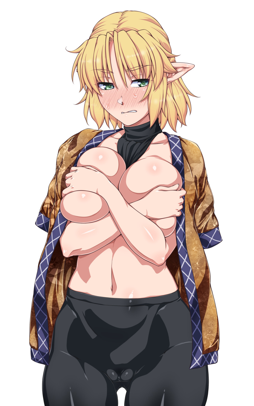 1girl absurdres bangs between_breasts bike_shorts black_shorts black_sports_bra blonde_hair blush breasts brown_shirt cameltoe clenched_teeth clothes_between_breasts commentary_request covering_nipples cowboy_shot embarrassed floral_print green_eyes half_updo highres large_breasts looking_at_viewer mizuhashi_parsee navel nose_blush ootsuki_wataru pointy_ears shiny shiny_skin shirt shirt_on_shoulders short_hair shorts simple_background solo sports_bra teeth touhou white_background