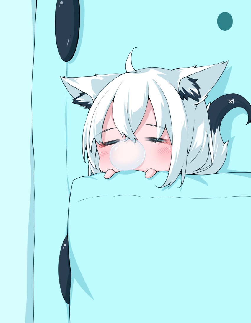 1girl :3 absurdres ahoge animal_ear_fluff animal_ears bangs blush chibi closed_eyes commentary_request fox_ears fox_girl fox_tail hair_between_eyes highres hololive ikamoworkshop in_pocket long_hair looking_at_viewer nose_bubble pentagram shirakami_fubuki sidelocks sleeping tail virtual_youtuber white_hair