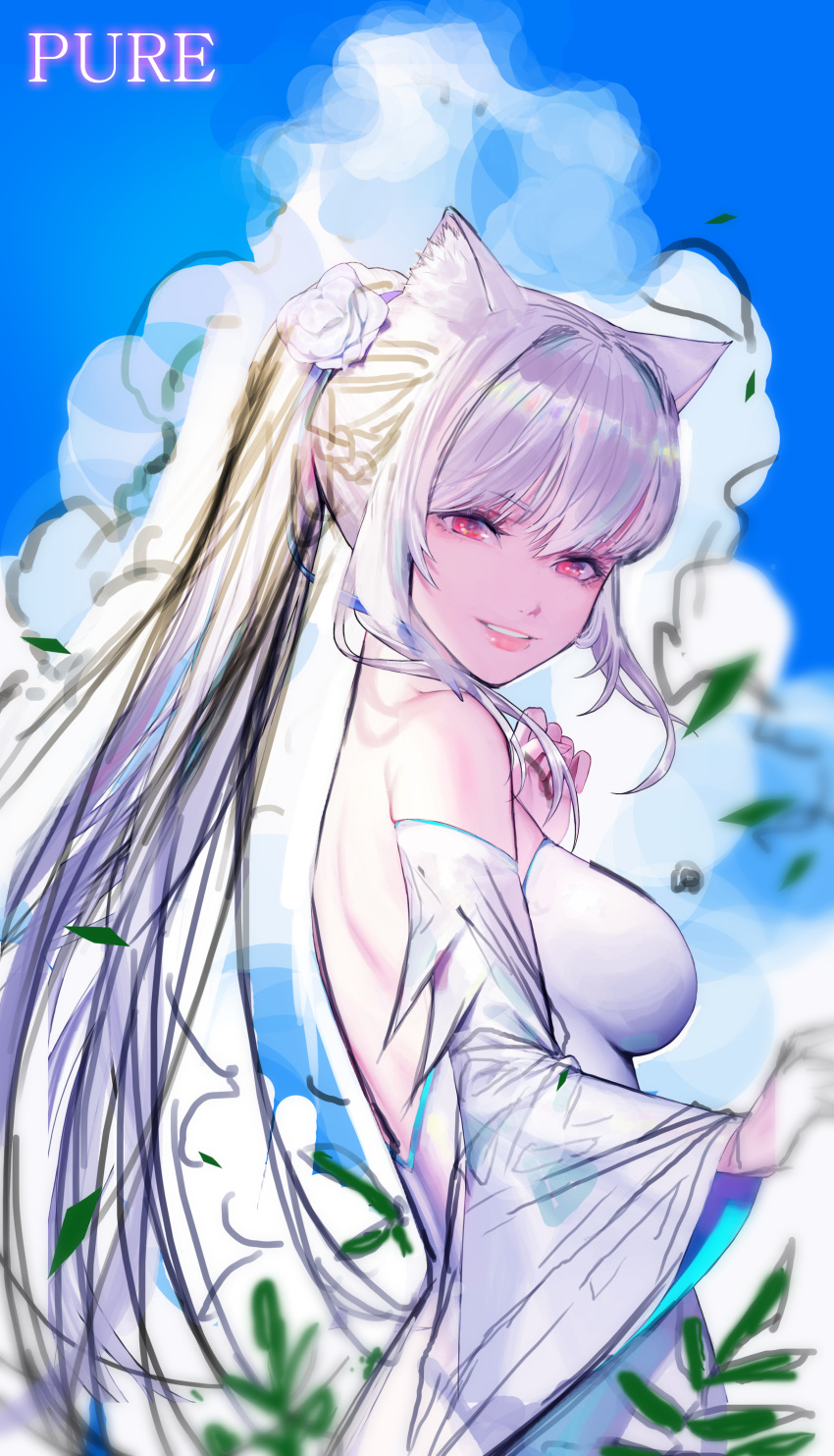 1girl absurdres animal_ears blue_sky breasts cloud commission day detached_sleeves drawing flower grey_hair hair_flower hair_ornament hand_up highres medium_breasts mumu914 outdoors pink_eyes sky solo standing upper_body wide_sleeves