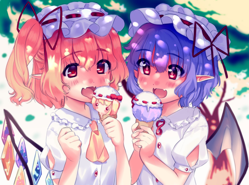 2girls :d ascot bangs bat_wings blonde_hair blurry blurry_background blush buttons character_food clothing_cutout crystal day diamond-shaped_pupils diamond_(shape) english_commentary eyes_visible_through_hair fangs flandre_scarlet flat_chest frilled_shirt_collar frills hair_between_eyes happy hat hat_ribbon highres holding_ice_cream light lisa_(faeuna) melting mob_cap multiple_girls one_side_up open_mouth pointy_ears puffy_sleeves purple_hair red_eyes red_ribbon remilia_scarlet ribbon shirt short_hair short_sleeves siblings simple_background sisters skin_fangs smile symbol-shaped_pupils tongue tongue_out touhou tree upper_body white_shirt wings yellow_ascot