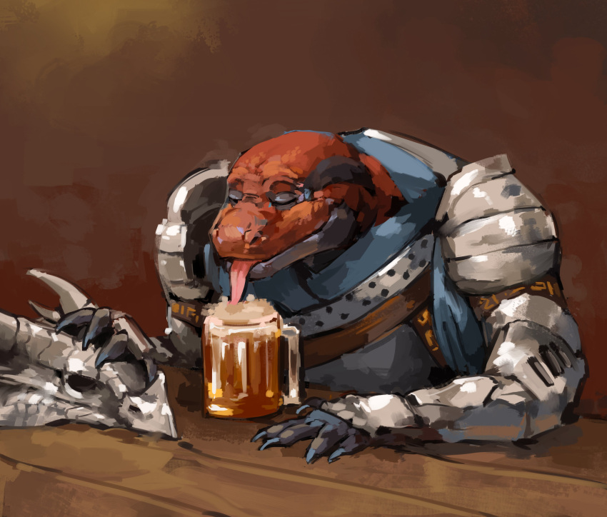 absurd_res alcohol anthro armor beer beverage eljado eyes_closed furniture grey_body grey_scales headgear helmet hi_res komodo_dragon lizard male monitor_lizard mug plate_armor red_body red_scales reptile scales scalie simple_background sipping sitting solo spaulder table tongue tongue_out vambraces yagaru