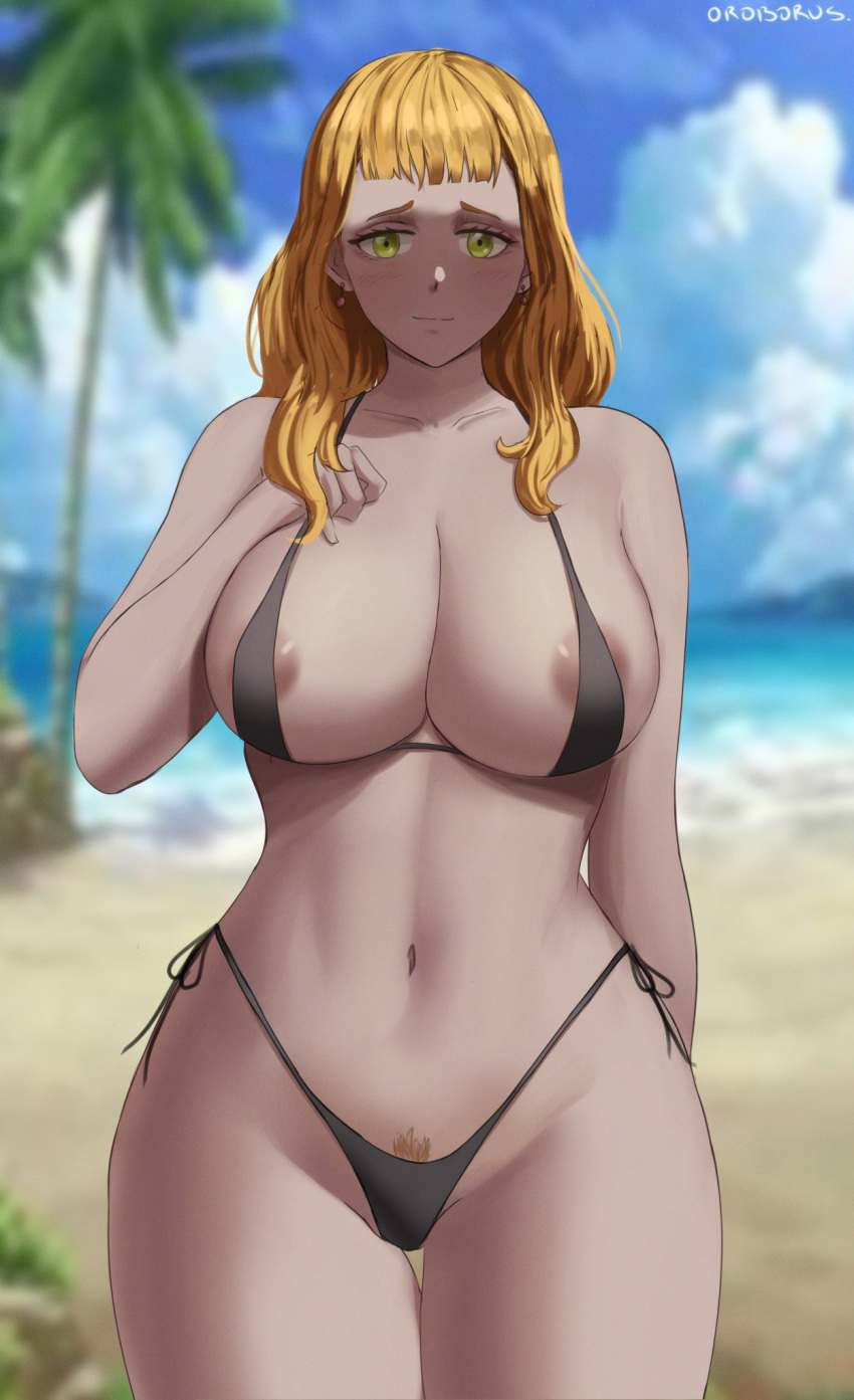 1girl areola_slip bangs beach bikini black_bikini black_clover blunt_bangs blurry blurry_background blush closed_mouth cloud cowboy_shot earrings female_pubic_hair green_eyes highres jewelry mimosa_vermilion orange_hair orange_pubic_hair oroborus palm_tree pubic_hair solo standing swimsuit tree